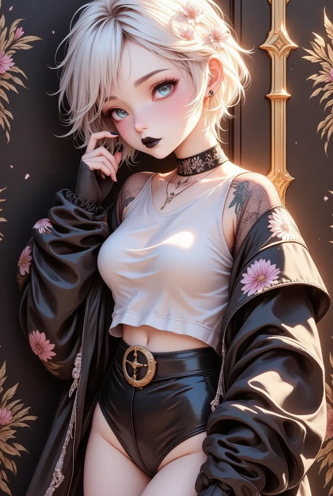 An effeminate girl, with a delicate and beautiful face. has a thin body, but well designed, your skin is white and very pale. her hair is silver, likes to wear makeup, ((Wear a black choker)), outfit emocore, cute panties, lace high socks, band t-shirt.