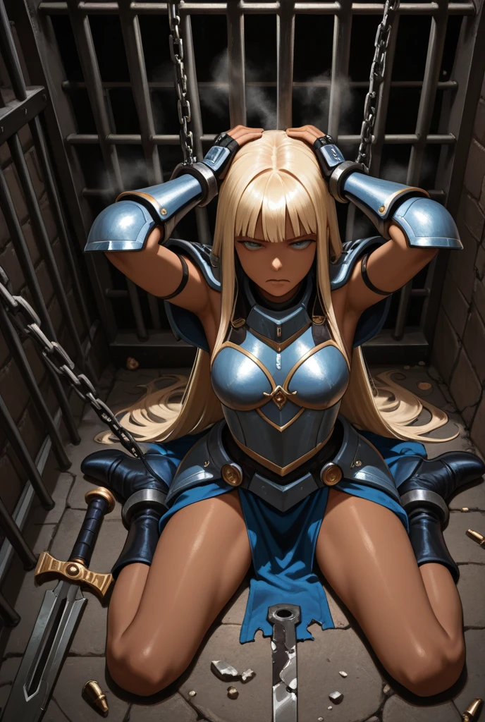 Prison background Four female knights naked, punishment, punishment, chains, big breasts, tits close-up, shackles, leg shackles, pubic rings, tears, blonde, white skin, big eyes, small mouth, white stockings, ravaged, sadness, pain, kneeling, shiny, SM restraint