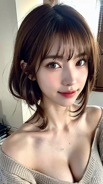 ((best quality)), ((masterpiece)), (detailed), perfect face. Asian girl. Selfie. Blank T-shirt. Bedroom wall. Cleavage.
