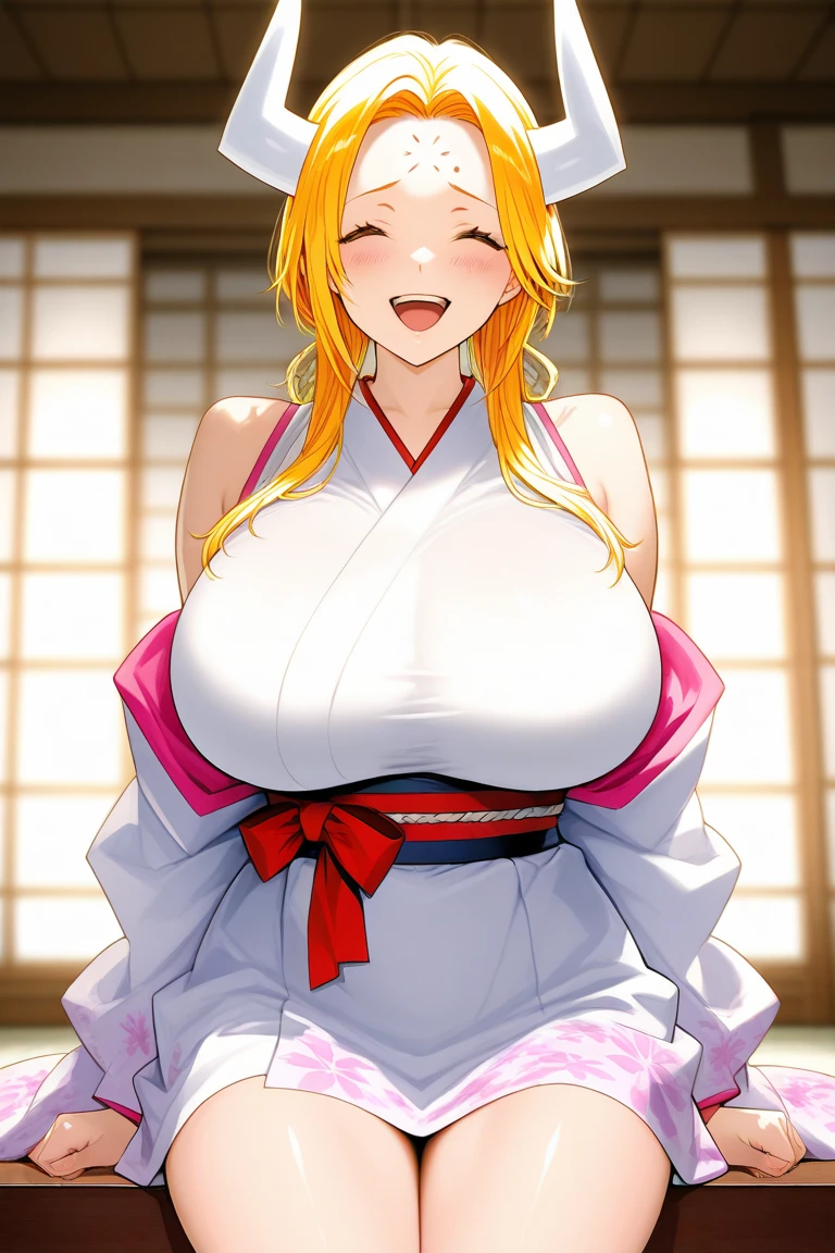 masterpiece, best quality, matsumoto rangiku, long hair, black kimono, cleavage, sash, large breasts, looking at viewer, furrowed brow, smile, japanese architecture, close-up, upper body, shiny skin, arms at sides, povgigantic breasts,show underboobs