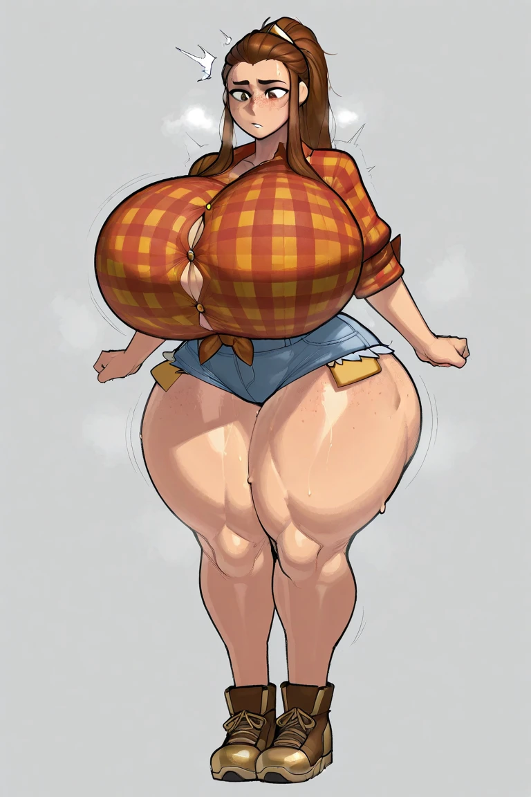 thick woman, tall lady, round face, thick thighs, seductive smile, cowgirl, cowboy hat, cowgirl costume, plaid cowgirl top, cowgirl top, cowgirl boots, daisy dukes