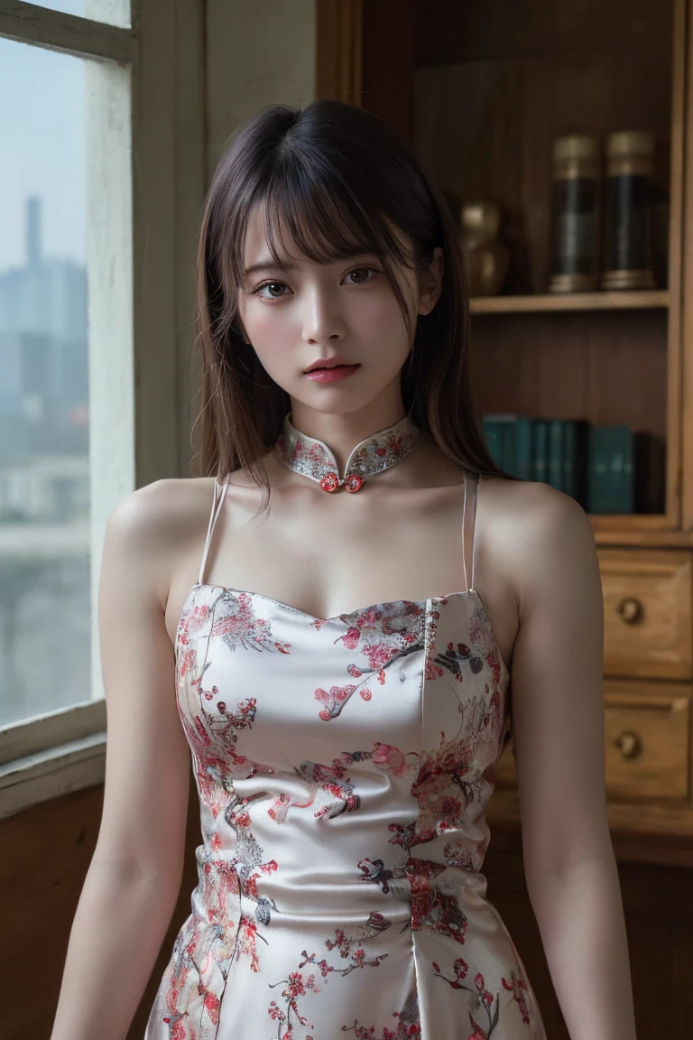 (Highest quality:1.4),(masterpiece:1.4),(Realistic:1.4),(Realistic:1.2),(超High resolution, RAW Photos:1.4),(High resolution, Very detailed:1.2),(8k:1.2),Movie Photos,a photo of a dark-haired,One Girl,alone,wear ,((China dress))、((Upper Body:1.3))