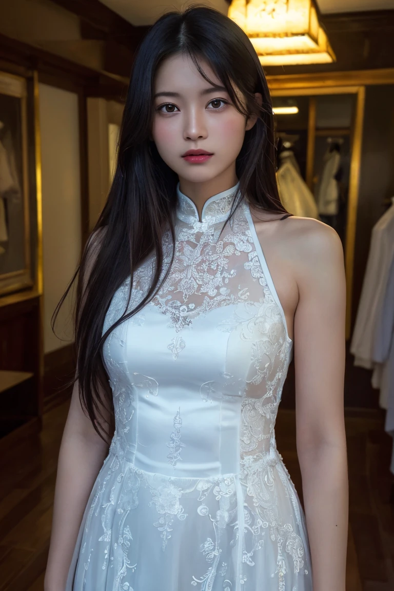 full body shot, absurdres, RAW photo, extremely delicate and beautiful, masterpiece, Best Quality, ultra high resolution, 32k, hyper realistic, ultra-detailed, Very detailed CG 8k wallpaper, detailed background, landscape, Beautiful Lighting, Perfect Lightning, Realistic Shadows, perfect anatomy, anatomically correct, ideal ratio body proportions, perfect figure, Perfect Style, Perfect balance, super Detailed skin, in her 10s, very Slim body, narrow waist, very small head, very small face, delicate facial features, handsome detailed woman, very detailed eyes and face, realistic face proportions, Realistic beautiful face, Realistic beautiful eyes, tearful mole, earring, very huge round tits, medium hair, asymmetrical hair, wavy hair, cheongsam, bare legs, bare knee,