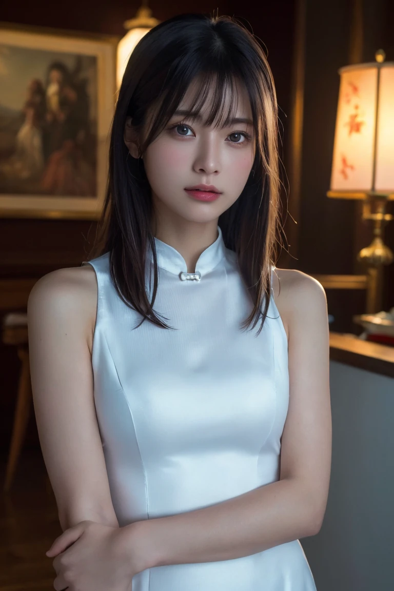 (Highest quality:1.4),(masterpiece:1.4),(Realistic:1.4),(Realistic:1.2),(超High resolution, RAW Photos:1.4),(High resolution, Ultra-detailed:1.2),(8K:1.2),Movie Photos,a photo of a dark-haired,One girl,alone,wear ,((China dress))、((Upper Body:1.3))