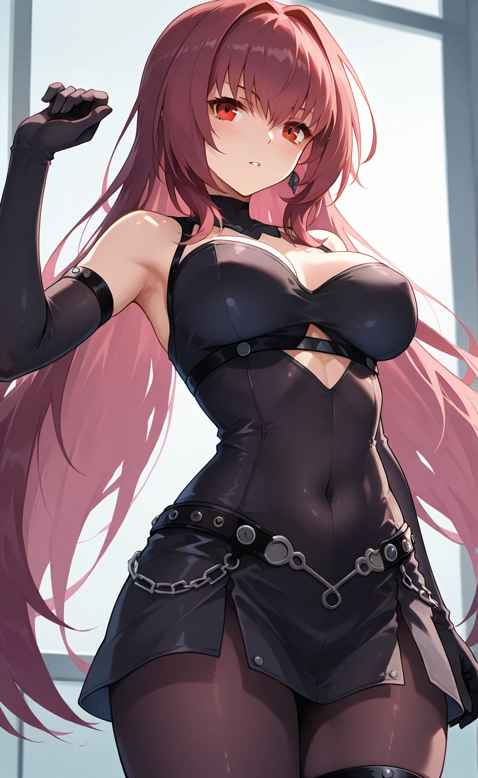 最high quality、high quality、best image quality、8K、最High resolution、High resolution、最high quality、masterpiece、whole body photos、 skin in every detail、 face in every detail、 eyes in every detail、 lips in every detail、 teeth in every detail、 ears with attention to detail、 hair with detailed details、arms with attention to detail、 hands with attention to detail、 fingers with attention to detail、 (fine hands、thumb1reference4)、 legs with attention to detail, feet with attention to detail, 8k, ultra HD, sharp focus, details hair, beautiful hair, details face, beautiful detail eye, details pupil, perfect hand, vibrant colours, soft lighting.
1girl, long hair, hair accessory, style hair, crimson red hair, radiant blue eyes, glow eyes, massive giant breast, small thigh, slim body, showing shoulders, black-purple bodysuit, tight bodysuit, fight bodysuit, nice design bodysuit,
dungeon, wind blows, sunset, evening, clear sky,