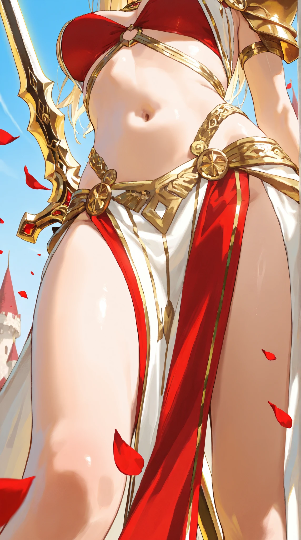 extremly detaled, dynamic sexy pose, bare feet, detaled feet, feet focus perspective,goddess, shine gold heavy armor with red finish, long white hair, red cape and scarf, midget, gold hair clip, big tits, bra