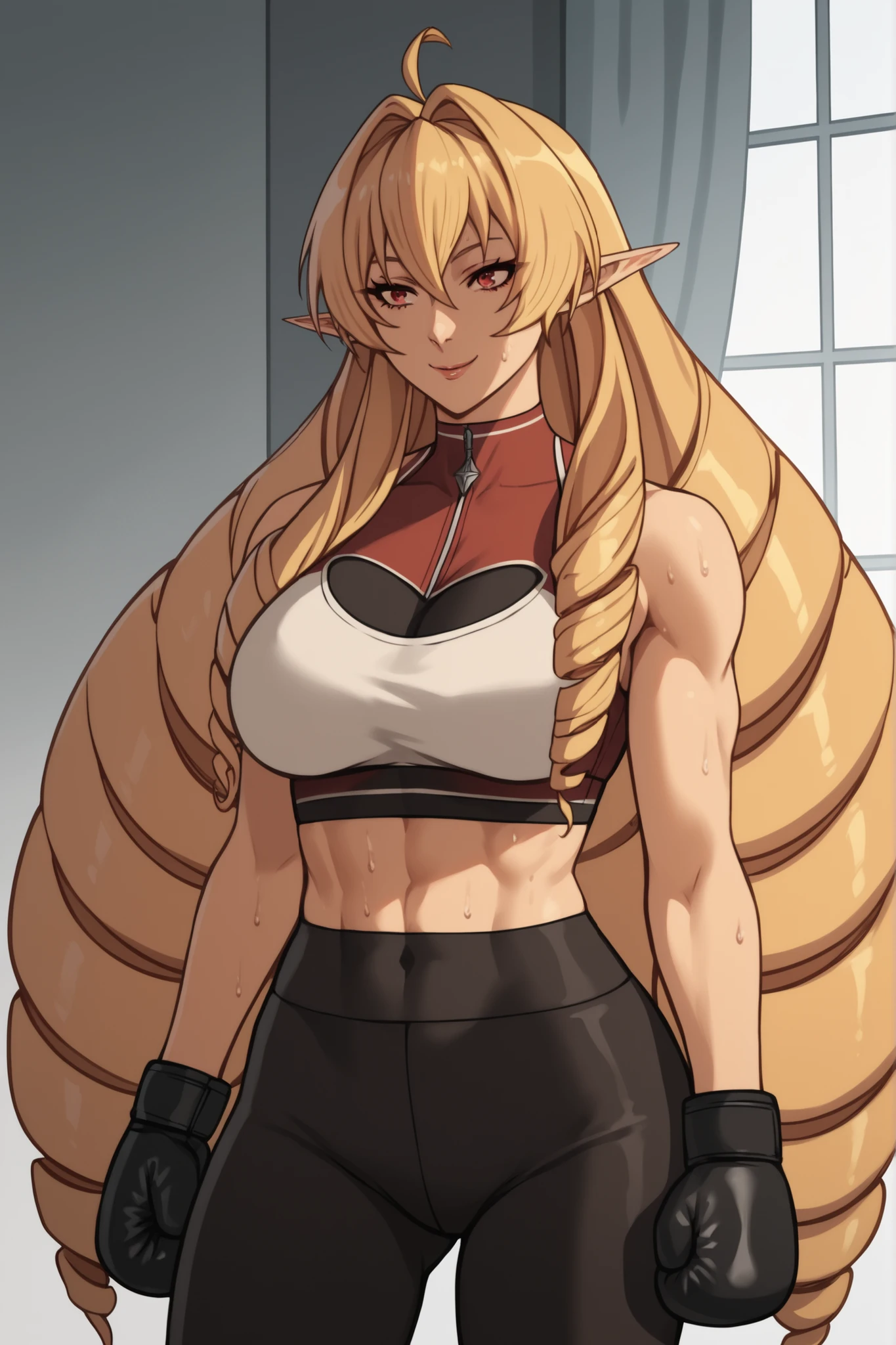 score_9, score_8_up, score_7_up, source_anime, elinalisedragonroad, 1girl, mature female, elinalise dragonroad, long hair, blonde hair, very long hair, ahoge, pointy ears, drill hair, red eyes, naughty smile, sexy suit, sports bra, yoga leggings, boxing gloves, indoors, sweating ,curvy figure, gorgeous woman,
