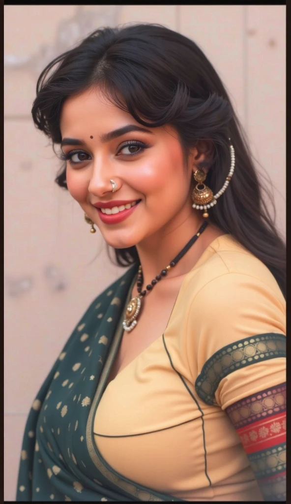 generate equivalent image (6:19) that shows a stunning indian woman wearing a traditional outfit. The individual has long, dark hair styled with soft curls, adorned with decorative hair accessories that include small, intricate designs. They are dressed in a yellow blouse with long sleeves, featuring detailed patterns along the edges in dark and red hues. Over the blouse, a dark-colored saree with a subtle, ornate design is draped gracefully. The person is also wearing large, ornate earrings and a necklace with intricate jewelry, including a pendant that hangs down the . A small nose ring and a decorative mark on the forehead add to the traditional look. The background is a plain, light-colored setting, keeping the focus on the attire and accessories.