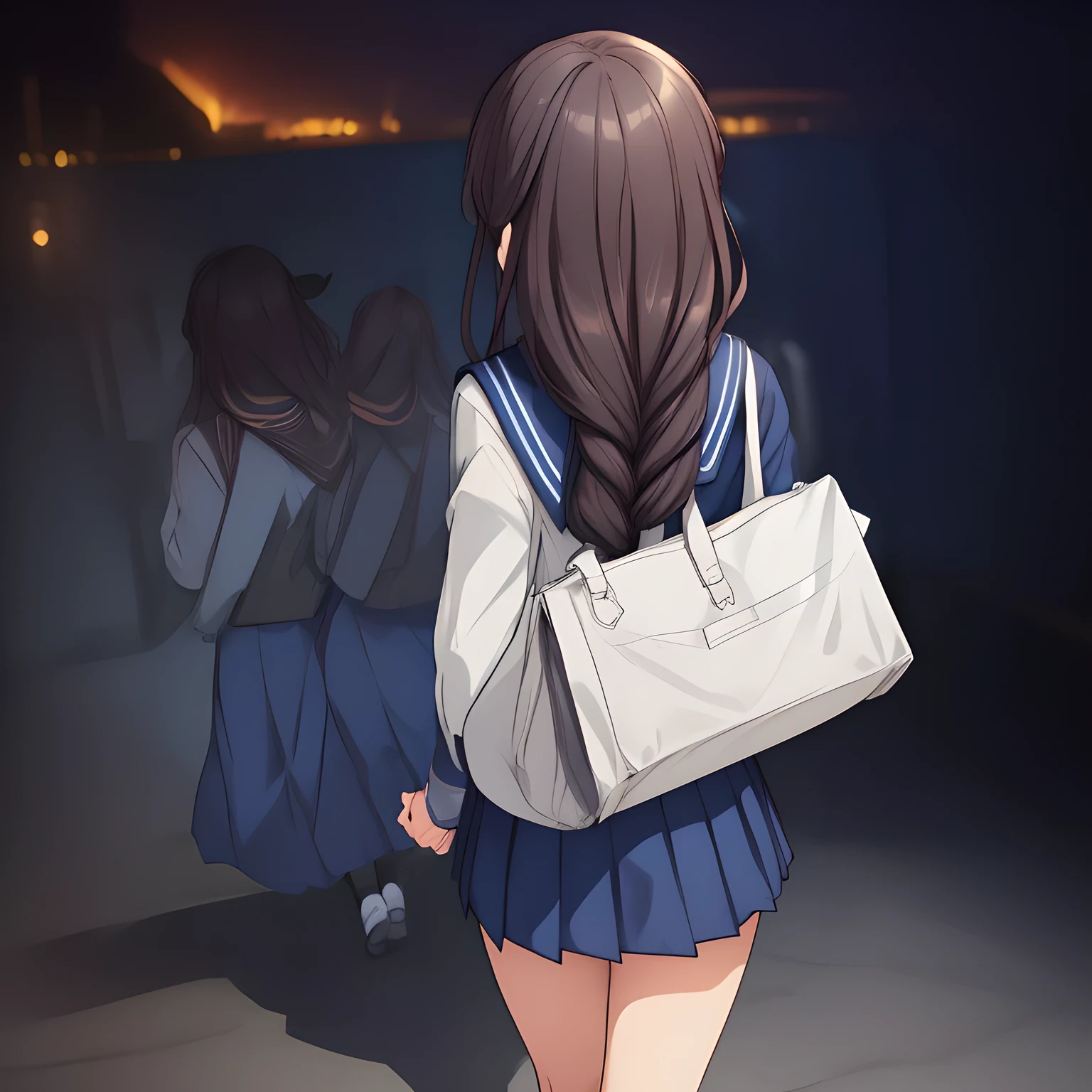 (highest quality, masterpiece:1.2), highest quality, High resolution, 1080p, 8K, ((too beautiful) (too pretty) (noble decorous well-behaved) (three tender human princess) of (((most beloved))) (love-story comic heroine) are walking down, the smell of the girls hair ((melts my mind completely)), talking together, (smart and perfectly balanced style like a fashion model), neat & clean, lovely strong charm, noble beautiful hand and fingers like a model, school hand bag: 1.5), (Very confident serene laugh: 1.6), (black hair, noble style:1.0), (dark blue exemplary neat proper sailor-style school uniform: 2.0), (neat white socks, dark brown school loafers: 1.2), (A very neat, (dark-blue) mid-length pleated blue school skirt): 1.9), ((amazingly beautiful black twin braids hair: 1.5)), (I am (following behind the girls) secretly with lust: 1.8) , (Nothing but darkness background to emphasize their neatness: 1.5)