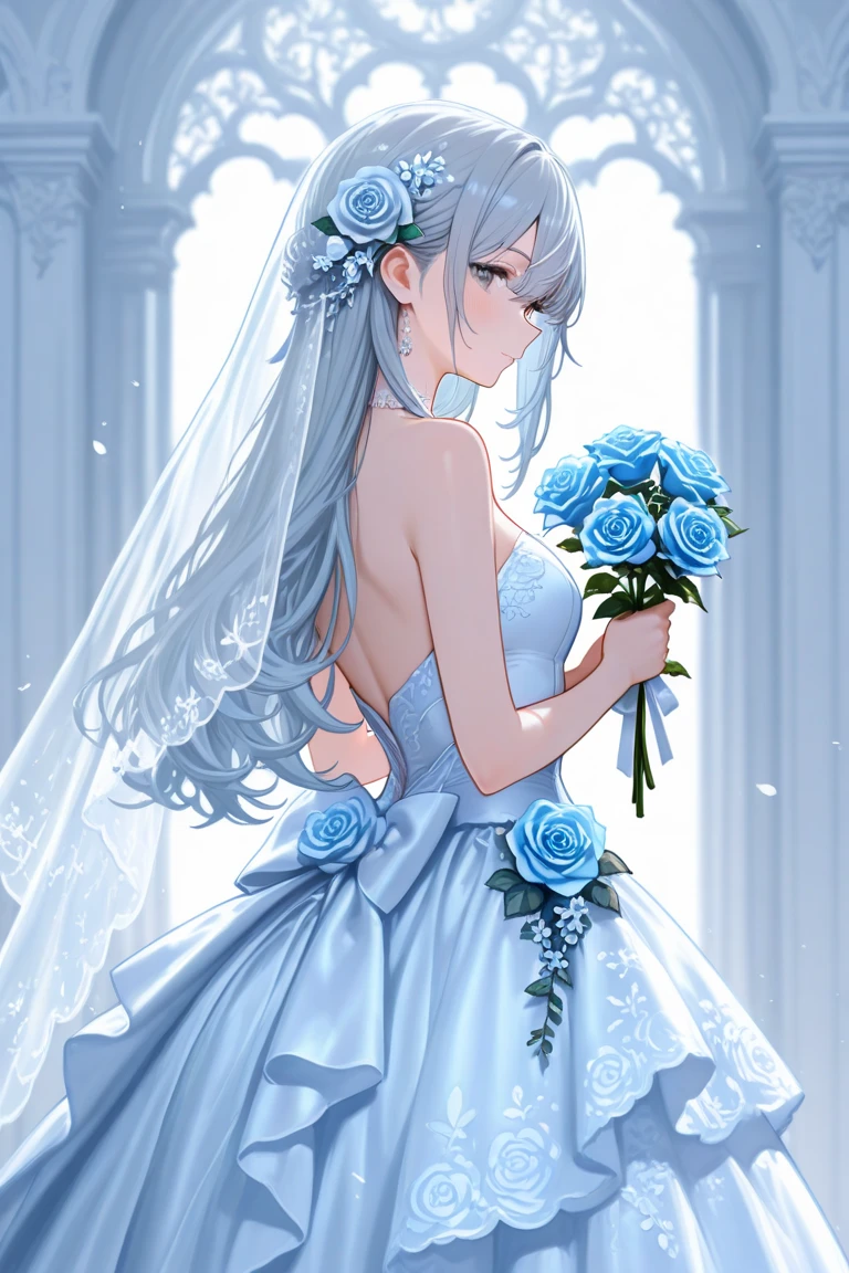 masterpiece, best quality, very aesthetic, absurdres, 1girl, mature_lady, wedding_dress,White lace miniskirt wedding dress, Holding flowers, White lace stockings, wedding hood, ,shenhe_(genshin_impact), genshin_impact, 1girl, tassel_earrings,grey_eyes, hair_over_one_eye, long_hair, low-braided_long_hair, low-tied_long_hair, white_hair, ,surrounding by flowers,falling_petals, outdoors, petals,,in a palace,blur background,background defocus