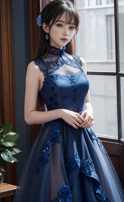 a woman posing on the street corner with light Blue clothes on, Highest quality,、女の子1people, Big Breasts, Day, bright, Blur the background, Bokeh, Outdoor, (street:0.8), (people々々, crowd:1), (Lace Trim Dresses:1.5, Sleeveless dress, light Blue clothes, Light blue high neck dress:1.2, Blue clothes: 1.5), Nice, (short hair, amount:1.2), 、Beautifully detailed skies, Earrings, (Dynamic pose:1.2), Soft lighting, Wind, Glowing Skin, (、smile, Looking at the camera、Bob Cut Hairstyles、Light brown hair、,(eye shadow:1.2),(eyeliner:1.2),(mascara:1.2),(Red cheeks:1.2),(sexy lipstick:1.2),K-POPアイドル、idol carving、Cowboy Shot、(((Girl)))