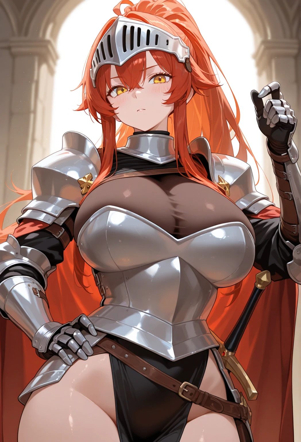 4k,hight resolution,One Woman,White red hair,Longhaire,Bright red eyes,large full breasts,hime,Princess Knight,Princess Dresses,knight armor,Heavy Armor,Princess Tiara,Excalibur,jewel decorations