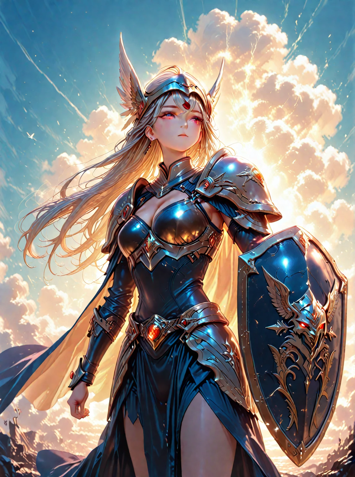 Full body of a blonde elf woman with long braided hairs wearing armor,(armor, faulds, chestplate, greaves, pauldrons, shield:1|1.2|1.4), hime cut, blue eyes, European face, big breasts, fully clothed skin, ancient greece arena background, beautifull scenery, ultra high res.photo realistic: 1.4, UDH,Shining sliver armor, high detail, Hyperrealism, masterpiece, anatomically correct, textured skin, super detail, 16k