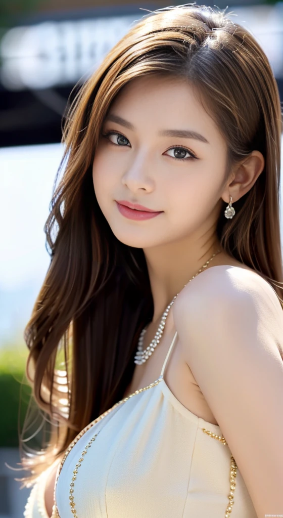 seed:381696201,((close-up))、((Highest quality, 8K, masterpiece: 1.3)), concentrated: 1.2, Cute girl 1,Nipples erect、 Perfect beauty: 1.4,Floral print off-shoulder blouse、Randall Color:1.1, Highly detailed face and skin textures, Fine grain, double eyelid, whitening skin, ,Highest quality,Ultra-high resolution,you,1 girl,alone,_Shiny_skin,Iris,necklace,((brown_length_Wavy_hair)),(lips)),eyelash,Front hair,deal with,compensate,Shiny,pore,skin texture,Large Breasts、smiling face、Walking in the park、