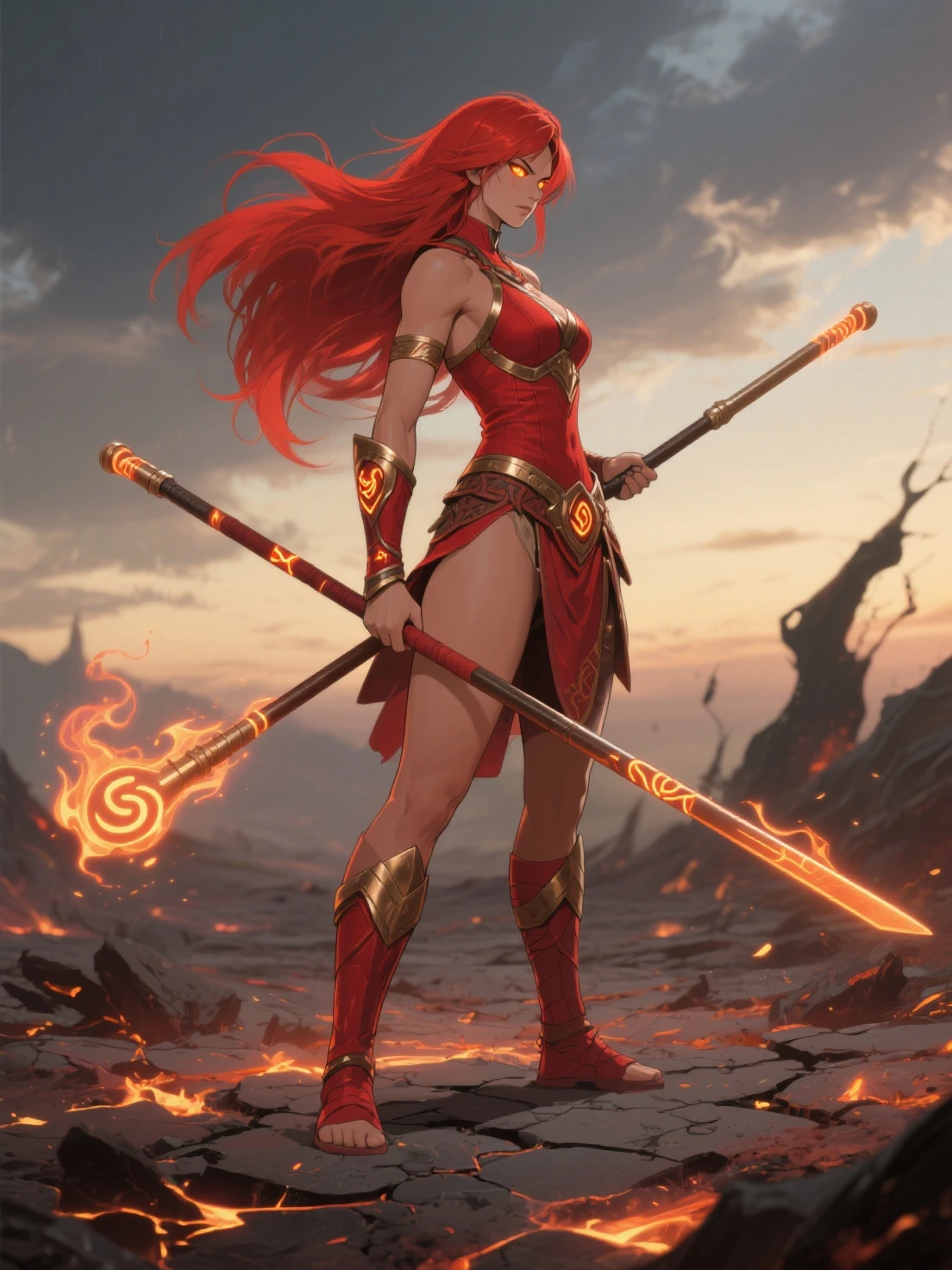Female warrior with red armor and big breasts and fire shield, greeneyes, long clothes, stone scenery Training.  With rays of fire, blue hairs. アニメ