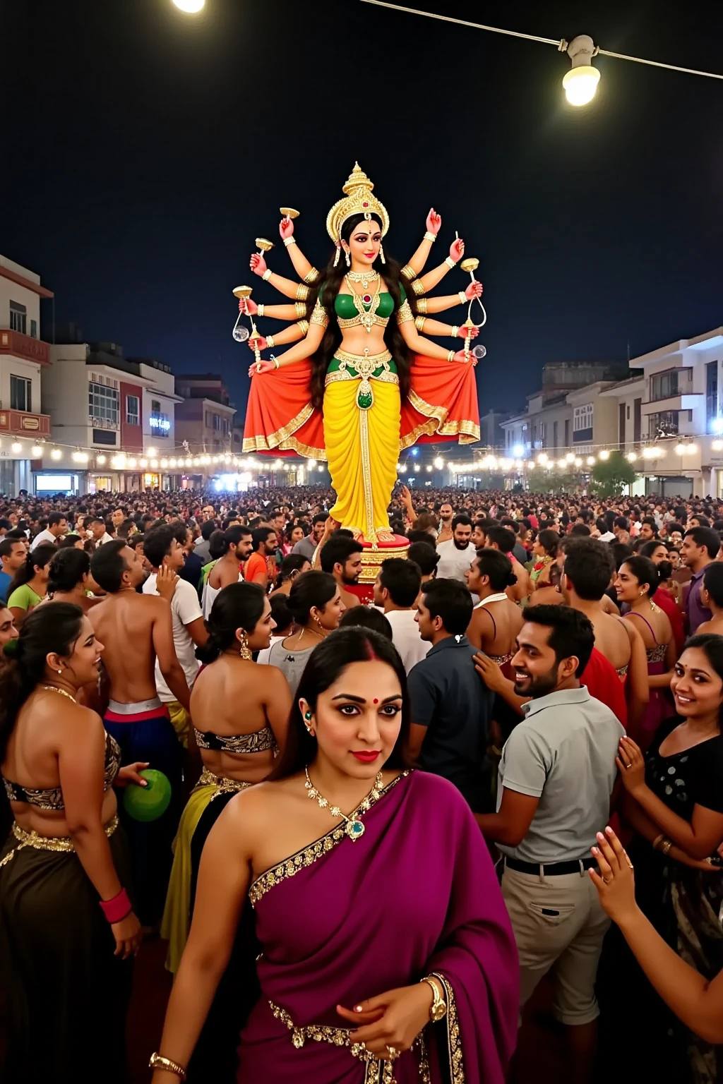 Create an image depicting a powerful scene in Kolkata, where Durga, Kali, and Laxmi, all represented as fierce and determined female goddesses, are leading a protest march on the streets. The goddesses should be portrayed with strong, commanding expressions, holding protest signs or weapons symbolizing justice. The backdrop includes iconic elements of Kolkata, like the Howrah Bridge or trams, with a large crowd of supporters behind them. The protest is against a heinous rape crime at RGKar hospital, with a sense of urgency and determination in the atmosphere.