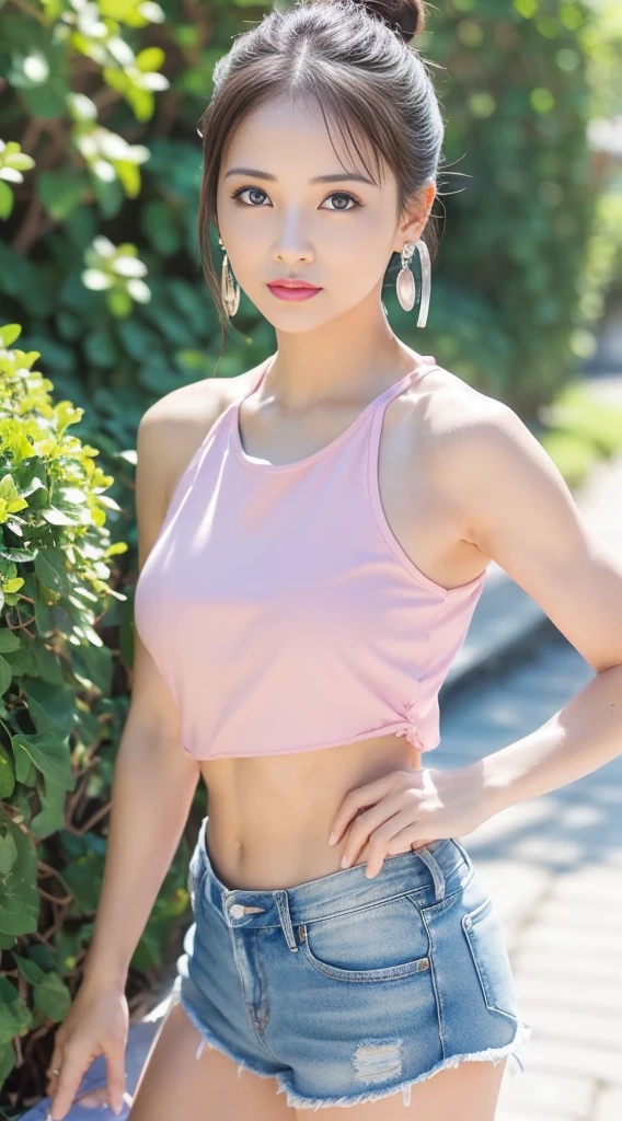 18 year old beautiful girl, masterpiece, best quality, 8K animation, detailed fingers, precise fingers, not unnatural hands, illustration, 1 girl, solo, blonde bob cut, gold crown, reading glasses, flower hair ornament, sagging eyes, ((jean shorts)), and a pink tank top, YUI