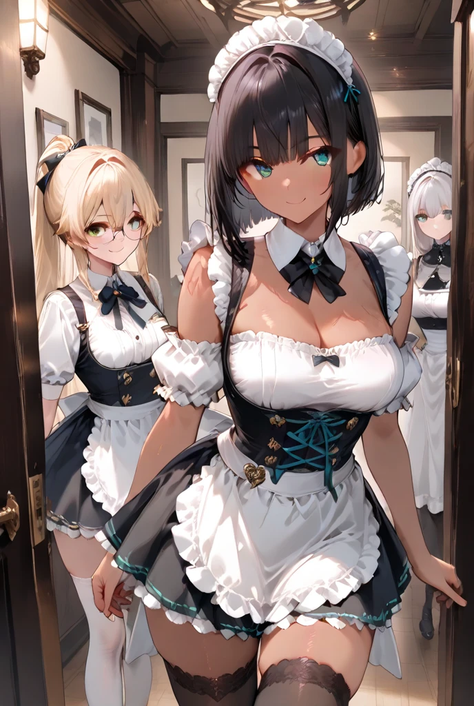 ((highest quality、High resolution、masterpiece))、(((2girls))), Portrait、A beautiful woman、Perfect body、Beautiful ample breasts、Long blonde、Maid、No panties、Embarrassed、((She lifts her skirt to show her pussy))、Love juice