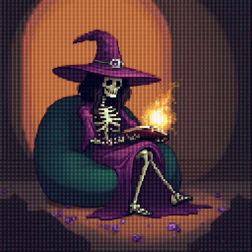 (masterpiece, top quality, best quality), pixel,pixel art,1girl,black long dress,big hat,witch clothes,big bosom,sit on chair,full body