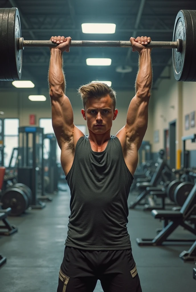 Let the handsome man bench press, weigh 100 kilos, have blond hair and green eyes