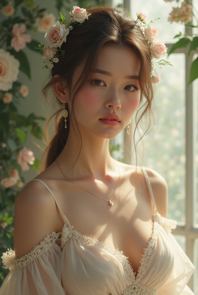(Extremely detailed CG unity 8k wallpaper), Turning on, sea of flores, flores, 1 girl, Upper part of the body, kpop idol,