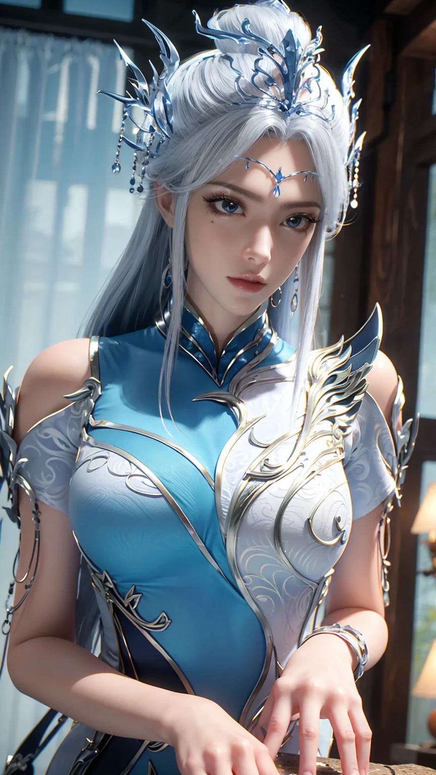 best quality,masterpiece,The Ultimate Solution,Fluffy,Extremely colorful,Mature beautiful woman,(Dress school uniform),Lace skirt,(Beautiful woman beheaded),Normal posture,(Kneeling),Kneeling on the bed,shackles,Beheading,collar,White stockings ,barefoot,Normal posture
,((Blue Hair)),((Blue Eyes))