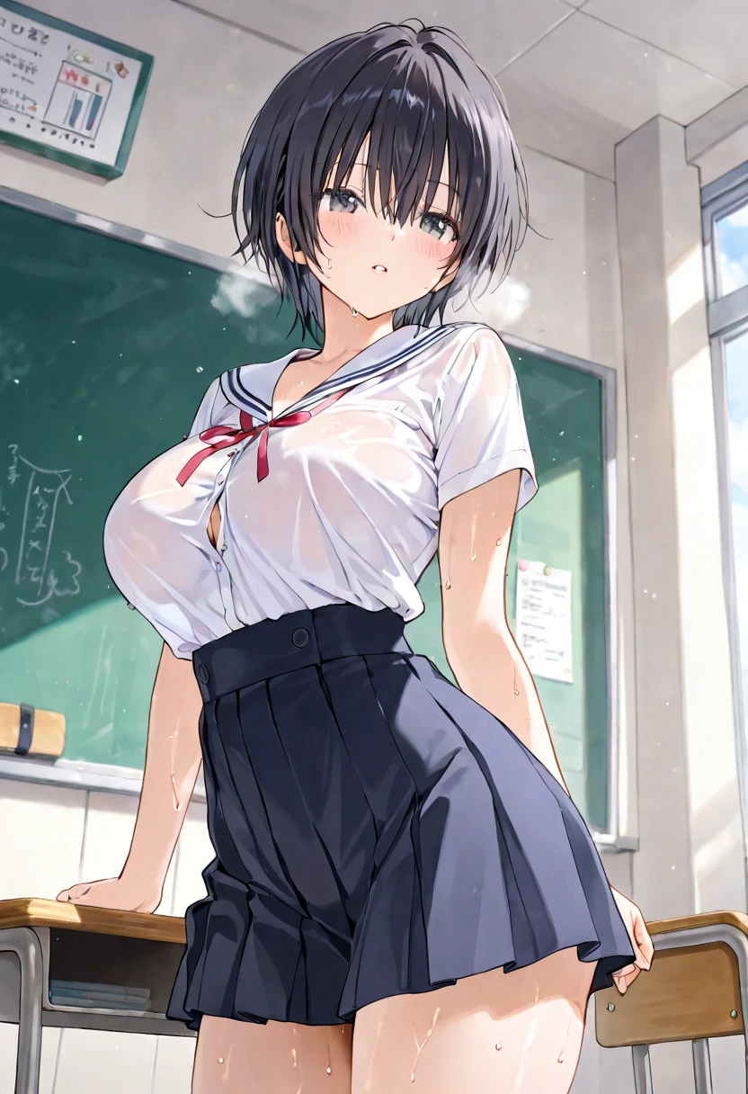 (highest quality、In 8K、32K、masterpiece、nffsw、超A high resolution、Impressionism、Photoreal:1.2)、big breasts、cowboy shot, detailed face and eyes、 inside the classroom、School、beautiful face、blurred background、16 year old beautiful girl、shiny skin、bob cut、bright yellow hair、dull bangs、black eyes、(closed one eye、put your index finger to your mouth:1.2)、sailor suit、pleated mini skirt、curve、(Skirt up、I can see her:1.2)、thighs 、dynamic pose beautiful legs, 、black knee high stockings garter belt