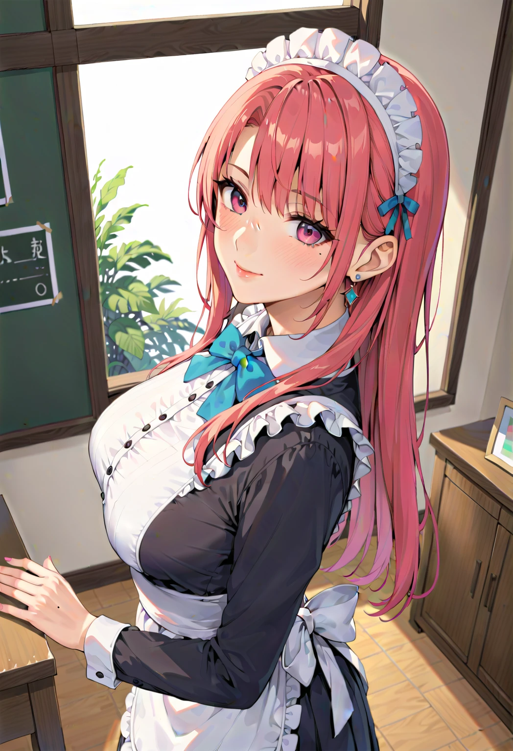 ​masterpiece, top-quality, Hi-Res, gotou1, Goto Hitotori, 独奏, bangss, hair between eye, shortsleeves, Maids, Maid headdress, middlebreasts,Shaded face, Drops of sweat、class、‎Classroom、desk work、