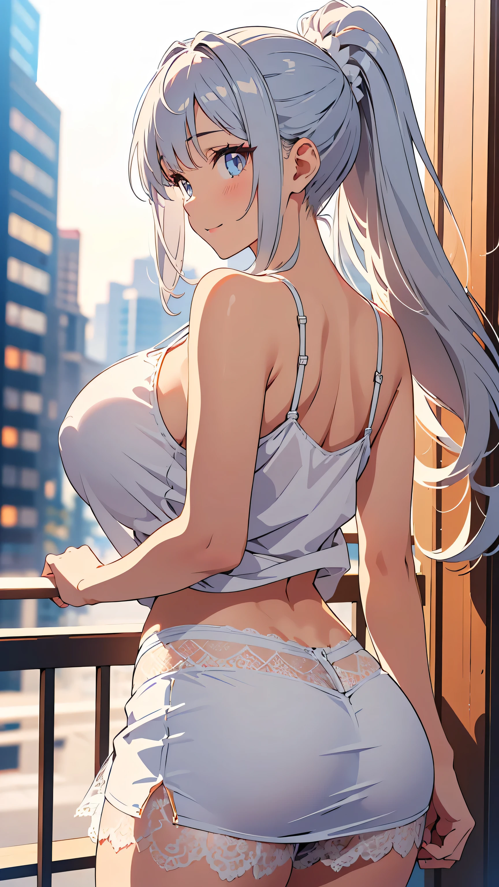 Very detailed、highest quality、Best image quality、masterpiece、8k、Sparkling blue eyes、Anime Face、A kind smile、Open your mouth、Long blonde curly hair、(SFW Giant)、(((Rear View)))、Cowboy Shot、(Wearing a white T-back:1.5)、Muscles of the whole body、Wearing a white headband、Kneel on the sofa、Please put your hands on your hips