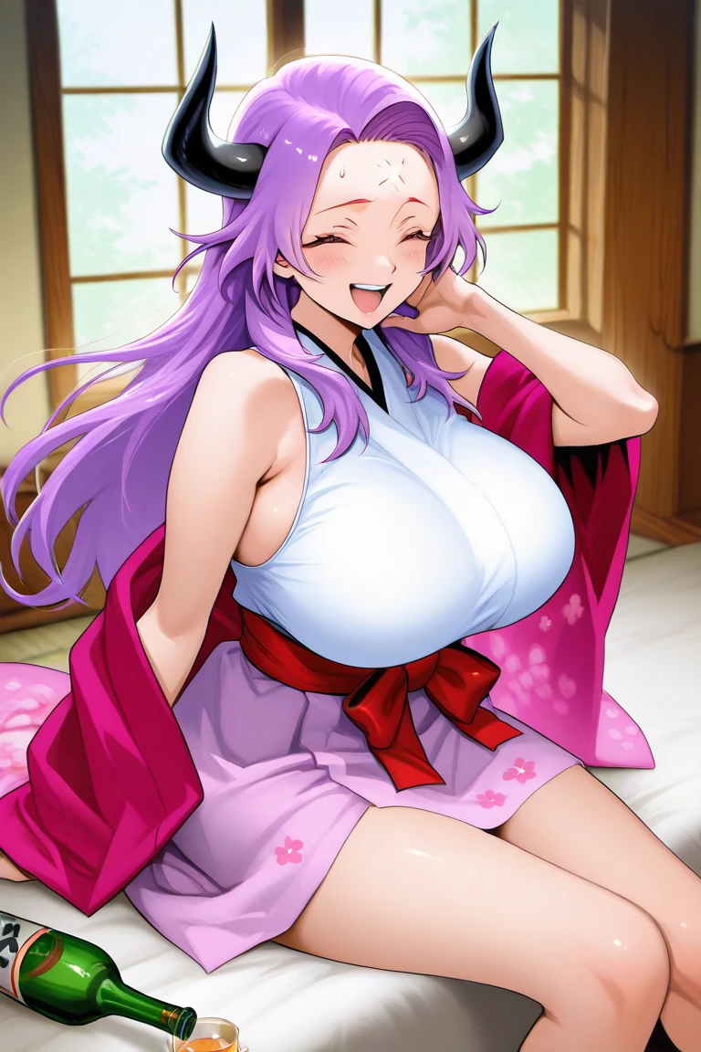 masterpiece、Highest quality、High resolution、4K、8k、(((Spread your legs)))、((Shiny underwear)))、Red dress、Beautiful beauty、Long purple hair、((whole body))、(((Photo taken from below)))、School、classroom、Large Breastini skirt、Panties are black、Japanese、expensive、Long limbs、18-year-old、Zion、Mai Shiranui、A beautiful nose like a model、Please put your hands on your hips、Natural smile、Sexy pose、Hairstyle: Ponytail、One black horn on the forehead