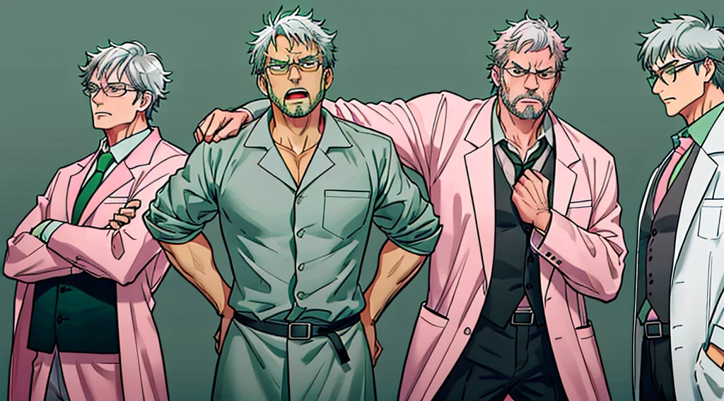Several characters on the scene (a doctor, several muscular men). A doctor, exaggeratedly muscular, black and white hair, black eyes, scars across his mouth, swollen lips, masculine face, maniacal smile, obscene expression, sweaty, oily skin, huge chest, muscular thighs, huge biceps, wearing a white medical coat, rectangular glasses, black dress pants (fitting), black dress shoes. The doctor is in a dirty asylum (walls stained red), with several Zombie (muscular) men, naked backs, obscene expressions, caressing themselves in a sexy way.