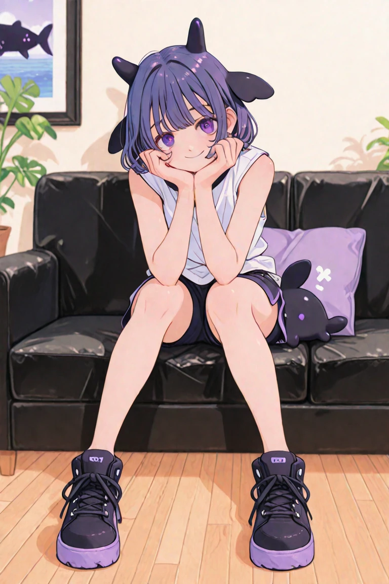 (masterpiece), Highest quality, Expressive eyes, Neon pastel aesthetics, Retro 90s, Neon color,((Girl sitting on sofa,In a cozy room,Records hanging on her wall, Comic books on the floor, Looking out the window behind her at the night city, Upholstered room, Anime figures lined up on a shelf)), Wearing headphones, (All around her it sparkles), (wearing thick colorful sneakers), (blue eyes), (Soft look), (Synthwave Art Style), Colorful Hair, Desk with PC set up