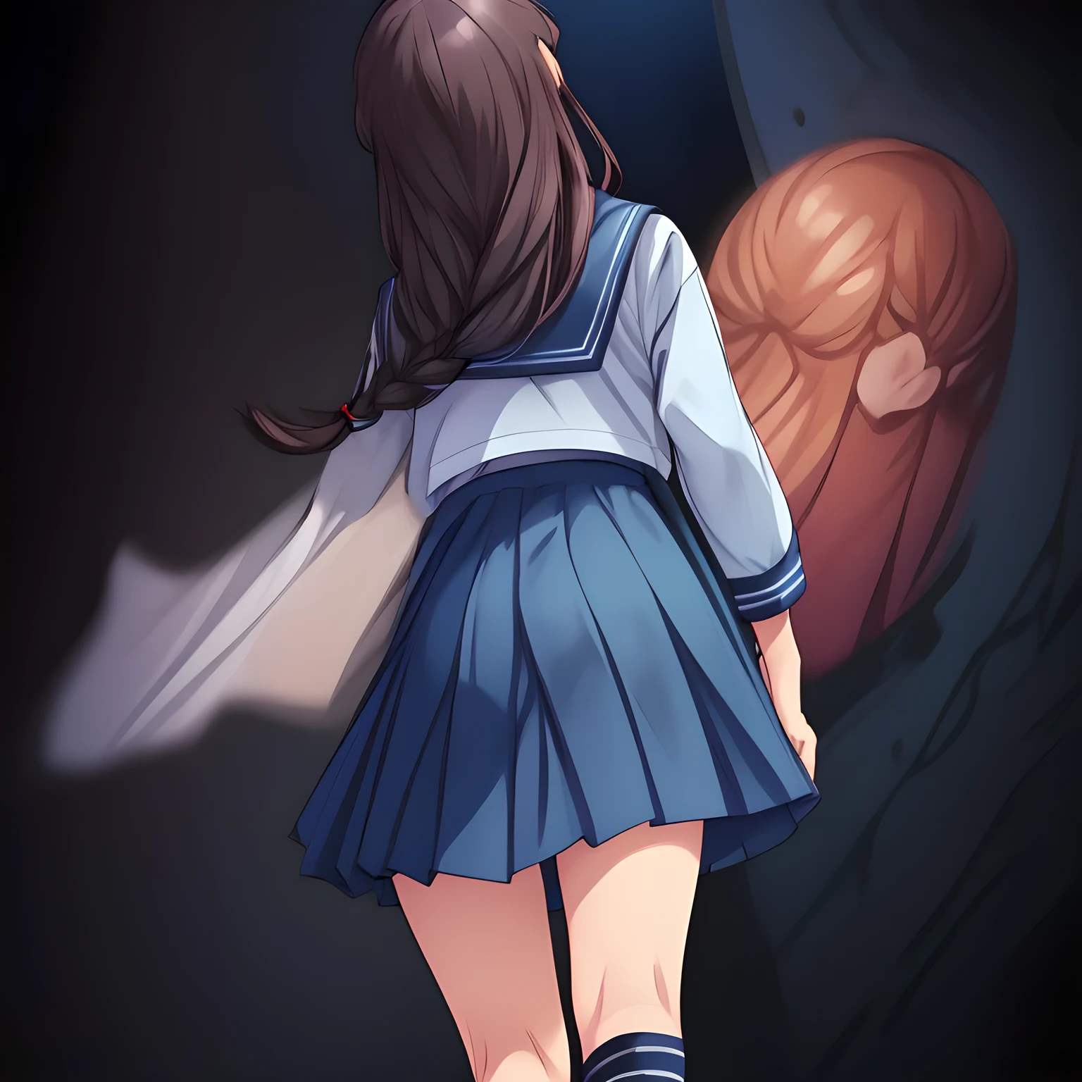 (highest quality, masterpiece:1.2), highest quality, High resolution, 1080p, 8K, ((too beautiful) (too pretty) (noble decorous well-behaved) (three tender human princess) of (((most beloved))) (love-story comic heroine) are walking down, the smell of the girls hair ((melts my mind completely)), talking together, (smart and perfectly balanced style like a fashion model), neat & clean, lovely strong charm, noble beautiful hand and fingers like a model, school hand bag: 1.5), (Very confident serene laugh: 1.6), (black hair, noble style:1.0), (dark blue exemplary neat proper sailor-style school uniform: 2.0), (neat white socks, dark brown school loafers: 1.2), (A very neat, (dark-blue) mid-length pleated blue school skirt): 1.9), ((amazingly beautiful black twin braids hair: 1.5)), (I am (following behind the girls) secretly with lust: 1.8) , (Nothing but darkness background to emphasize their neatness: 1.5), (focus on the longer skirt: 1.5)