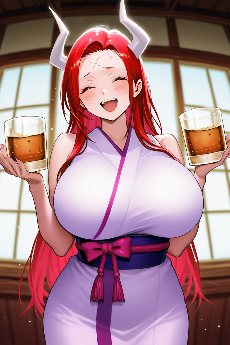 2heads, a thin woman with two heads. She has enormous breasts. She is dancing in a bar. She is sipping a drink. She looks drunk. She is flirty. She is wearing a kimono. She has enormous breasts. She is skinny. Massive breasts. She looks mature. She is extremely tall. She has massive breasts. She has long straight brown hair. Seductive expression, horny expression. Drink spilled on cleavage.