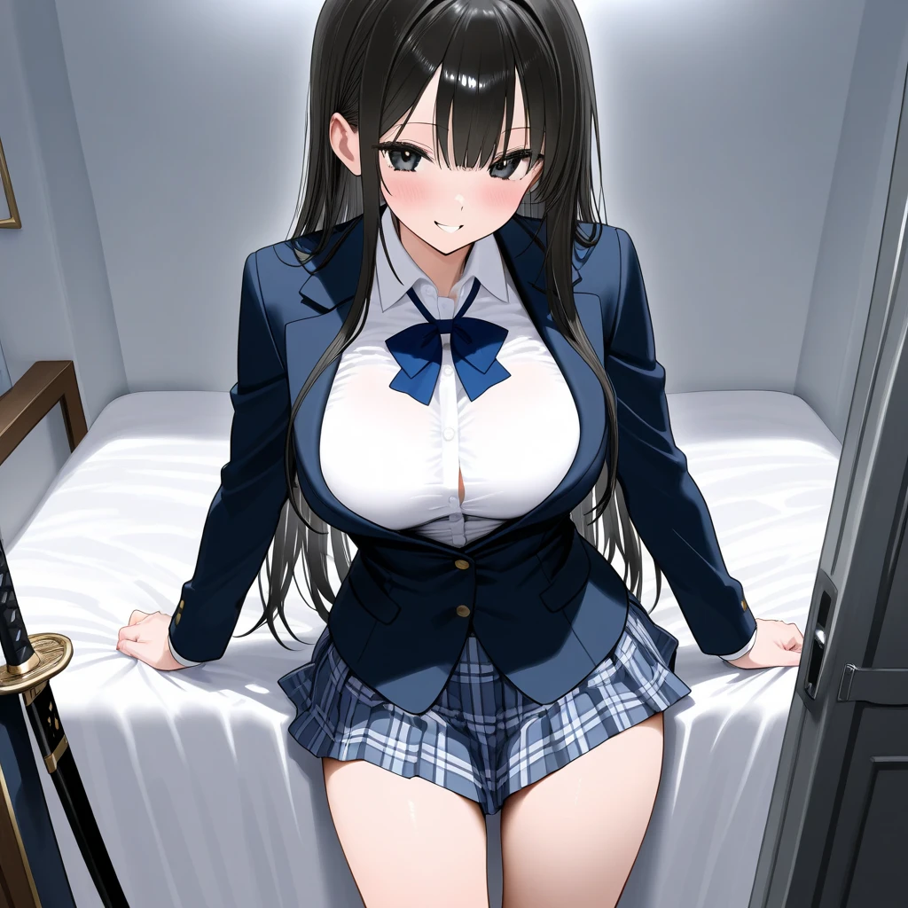 (masterpiece, best quality,solo:1.4),(1 woman,long black hair,:1.2),looking at viewer,large breasts,hanfu, tang style outfits,orange upper shan,purple chest po skirt,blue with white chest pleated skirt,red waistband,white pibo,