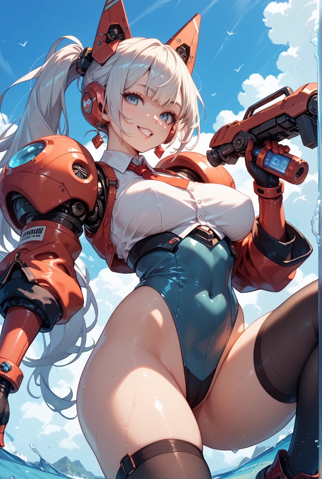 1 boy, 1 girl, crop top, behind, to frown, Glucose, hair between eyes, Jewelry, pomade, Looking at the viewer, draw up, Mecha, Panties, portrait, smile, One, Toes, Livchik, White hair (cienatic look:1.4), soothing tones, crazy details, complex parts, hyper-detailed, low contrast, soft cinematic light, dull colors, exposure mixture, HDR, faded, slate gray atmosphere