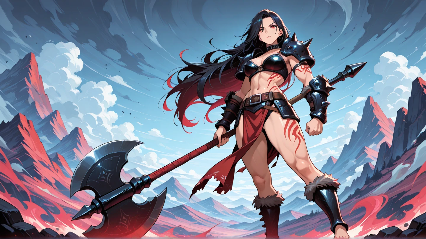 Black Hair、(Dwarf girl warrior holding a big axe:1.5)、(Huge breasts)、(Underboob、Sideboob)、Green metallic bikini、Camel toe、((Chibi、he is short)、glamorous、curve、Wide Hips、Thick thighs)、(NSFW)、(Many colorful jewels)、(Inside the cave)、(Giant Axe)