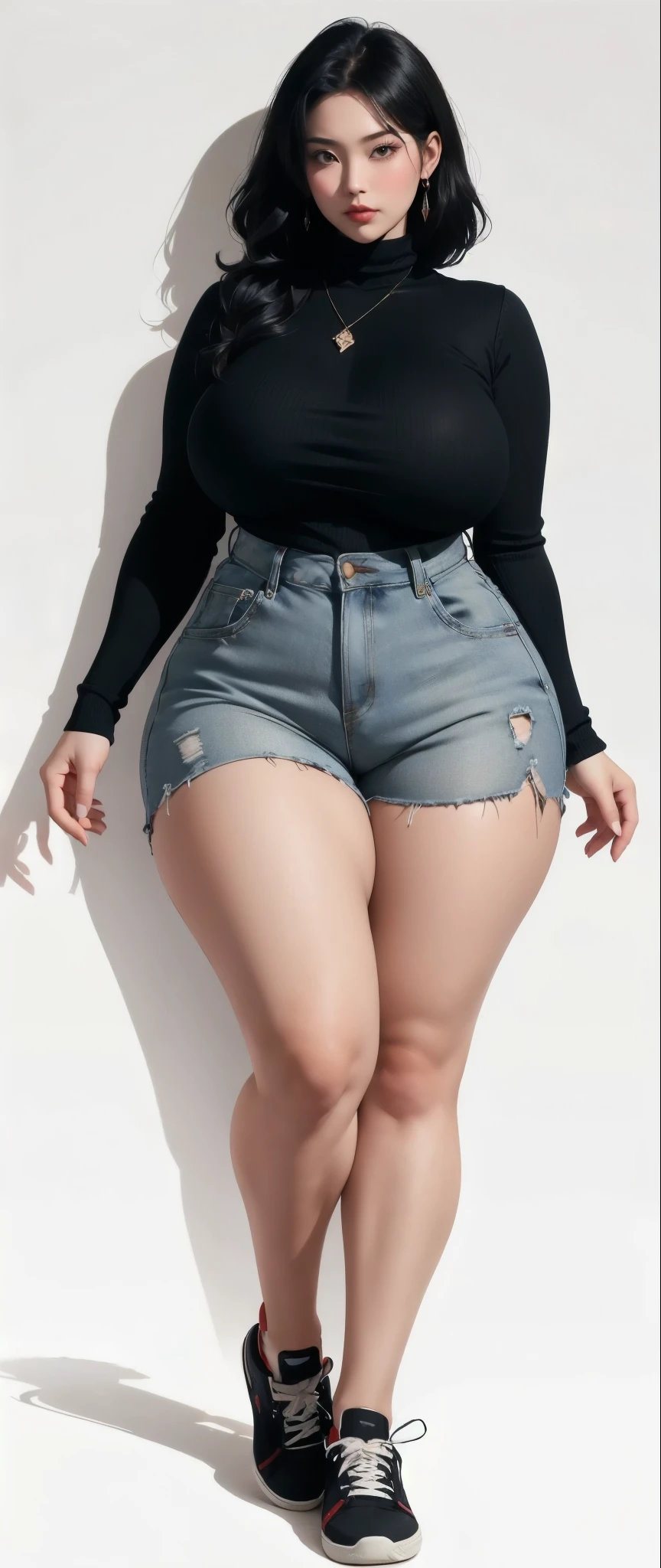 Chubby girl with fat belly and tight thighs, full body, 18-year-old teen, thick hips, thick neck, thick chest, big eyes, wearing a shirt and thight skirt and thight short pants 