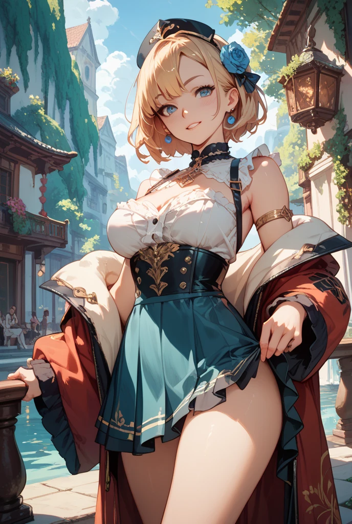 woman((25 age old)), Hair((Blonde, Long, Wavy)), Eyes((Blue, Smart eyes)), clothes((Greek goddess Cortés)), flower headpiece, adiamondnecklace, Earrings, Bracelet, in a pond, Greek temple, Bigboobs, gigantic cleavage breasts, oppai, pervert smirk,sexyposture,suspender stockings,White panty hose,Superskirt,Lift the skirt, your ass,pantiess,Lace-trimmed panties,