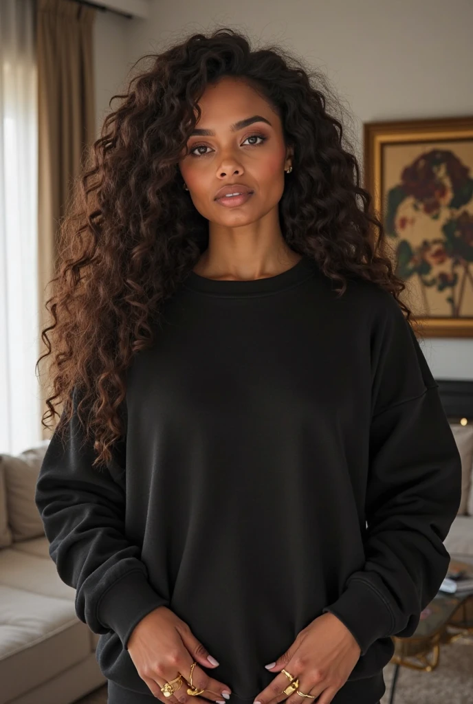 A girl with a coffee-colored skin tone with long wet curls reaching past her waist in an oversized style , wearing a black sweatshirt and cargo pants, and with white shoes 