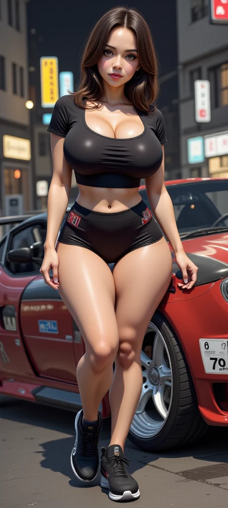 (8k, RAW photo, best quality, masterpiece:1.2), (realistic:1.3), (photorealistic:1.3), ultra-detailed, (high detailed skin:1.2), 8k uhd, dslr, soft lighting, high quality, film grain, Fujifilm XT3, best quality, beautiful lighting, 1girl, long hair, side_swept_hair, ((pink hair)), pink eyes, normal ears, smug, full body, bbw, hugebreasts, exposed cleavage, outdoor, city, posing, night, thick thighs, nice legs, beautiful legs, shiny legs, teasing with legs, no skirt, black shirt, open shirt, business woman, white shirt, tie, knee, spread the legs