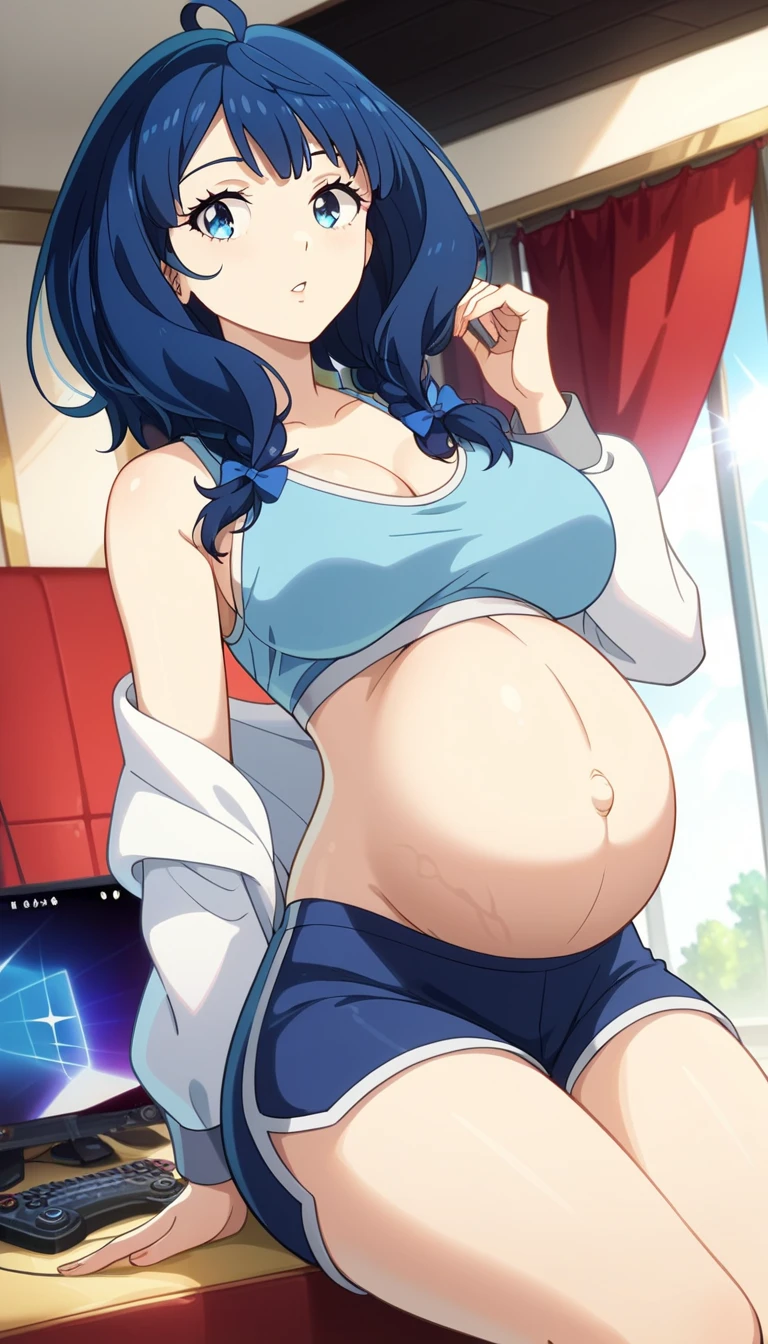 best quality, (masterpiece:1.2), detailed,
1girl, solo, smile, open mouth, light blush,
blue hair, blue eyes, wink, one eye closed, long hair, ponytail, leather jeans, jacket, looking at the viewer,
outdoors, night, pregnant