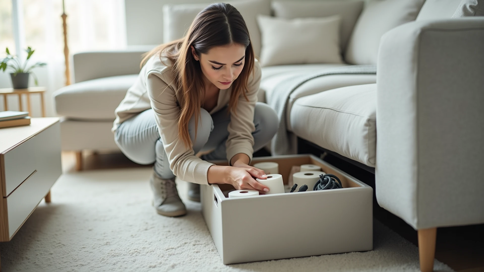 Mother wearing blue clothes cleans the living room, in the living room there are tables and chairs arranged messily, there are clothes and blankets on the chairs, the floor has not been swept so dust appears, the television is on in the room, children are changing school uniforms