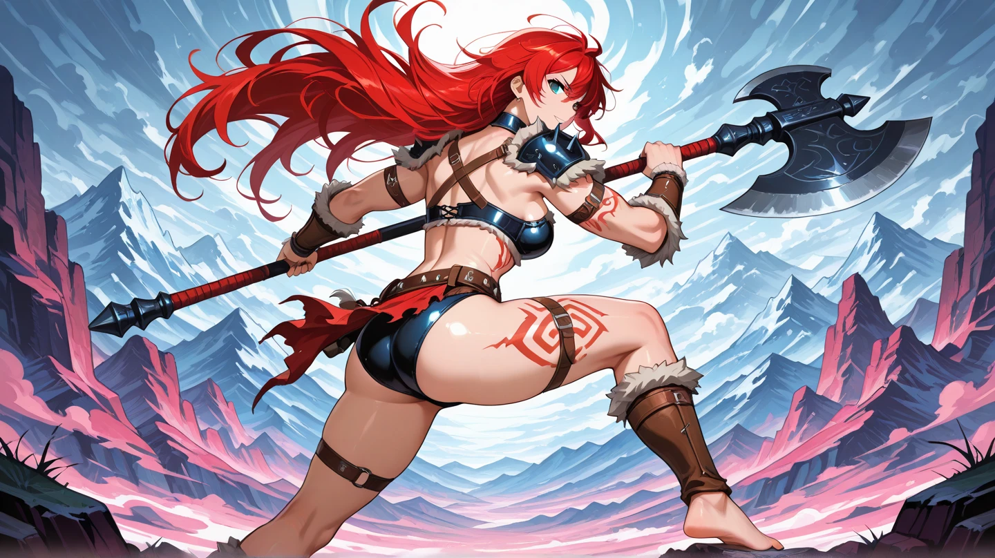 1gir, solo, breasts, red-hair, blue-eyes, dark-skinned-female, ((dark-skin)), huge-breasts, muscular-femal, weapon, smile, simple-background, thighs, very-long-hair, full-body, thick-thighs, looking-at-viewer fur-trim, holding, axe, high-heels, boots, over-shoulder, standing, belt, weapon-over-shoulder, hair-ornament, ahoge
