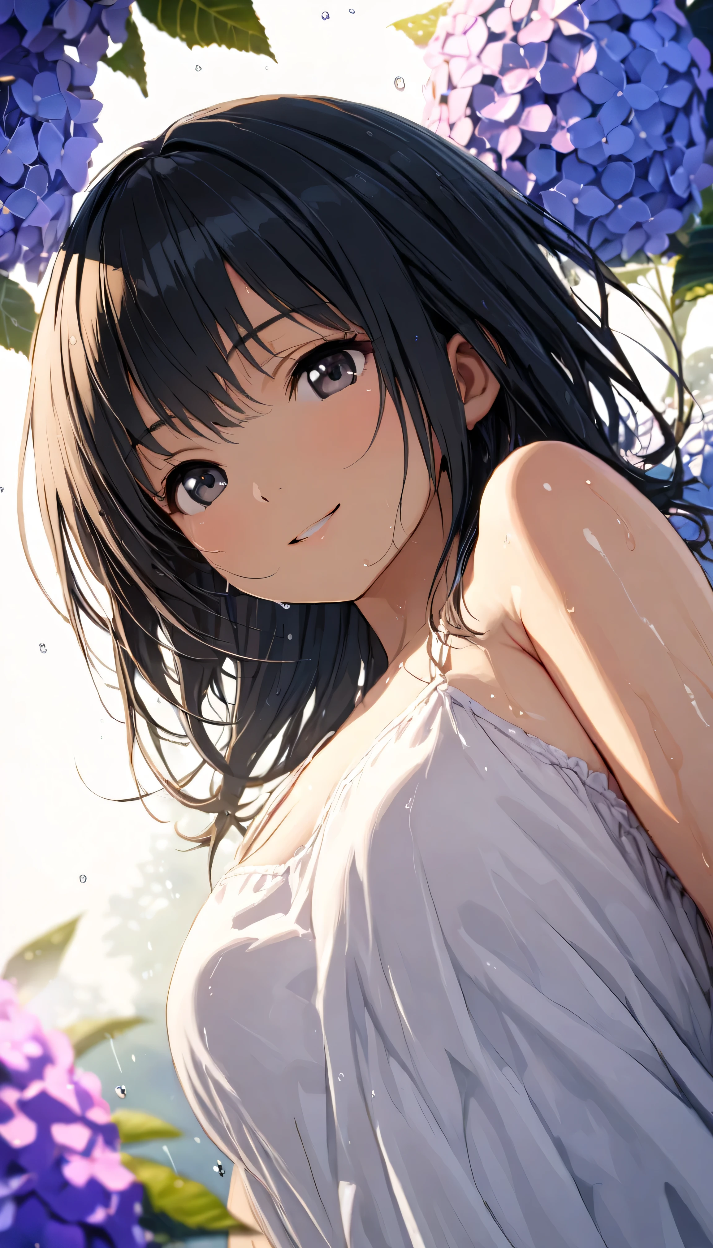 anime、flat style、(girl:1.5),race,ribbon,(masterpiece, side light, Beautiful detailed gray eyes: 1.2), Medium chest, shining eyes,shiny hair,black hair,long long hair, Glossy skin, alone, embarrassing,strapless,exquisite,beautifully,garden,flowers,Flying petals, barefoot, Cherry Blossom, cinematic light, cinematic composition, rich expression, BREAK,(Shining eyes、detailed美しい顔)、animeスタイル、(highest quality、masterpiece、High resolution、detailed)