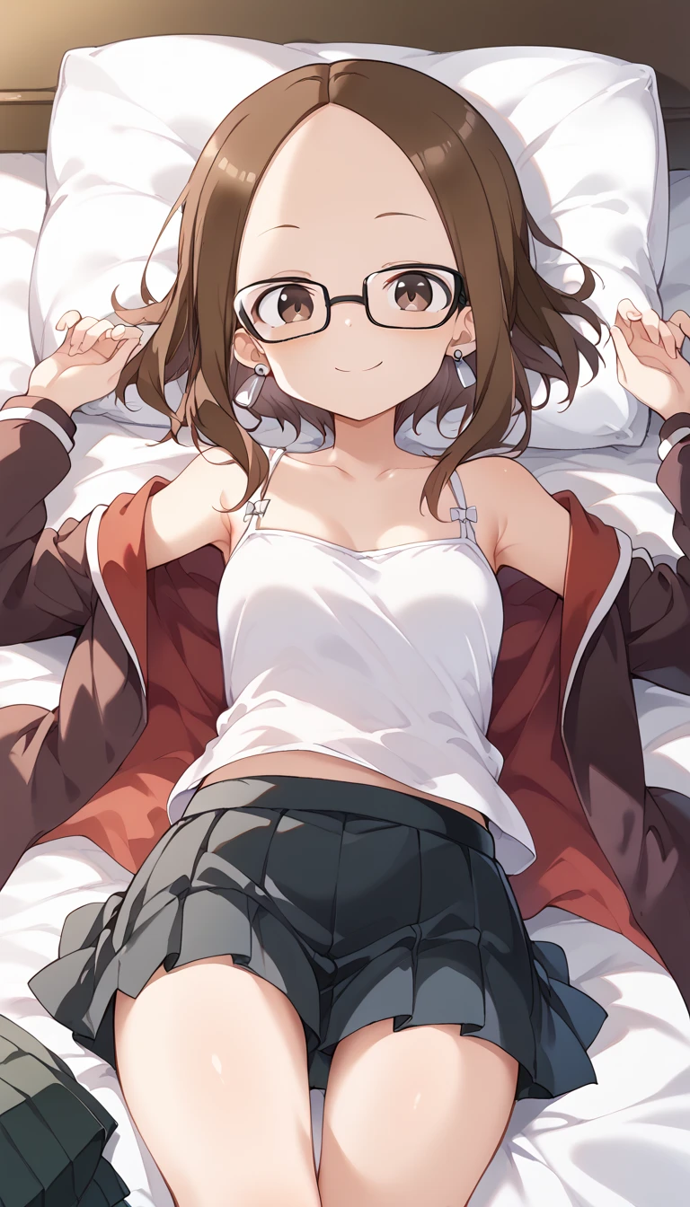 Highest quality, masterpiece, High resolution, (alone),  {full moon_Fleet Collection:1.15}, Long Hair, Brown Hair, Glasses, brown_eye, red-framed_Glasses, semi-rimless_Glasses, Crescent Moon, black_Seraphim, blush, Under Rim_Glasses, One girl, Closed_eye, Open_mouth, School_uniform, (indoor, office, living room), , blackスカート, smile, (Petite), Flat Chest, (panties), (Junior Bra), Sports bra, (White underwear), From behind, Butt, (On all fours)