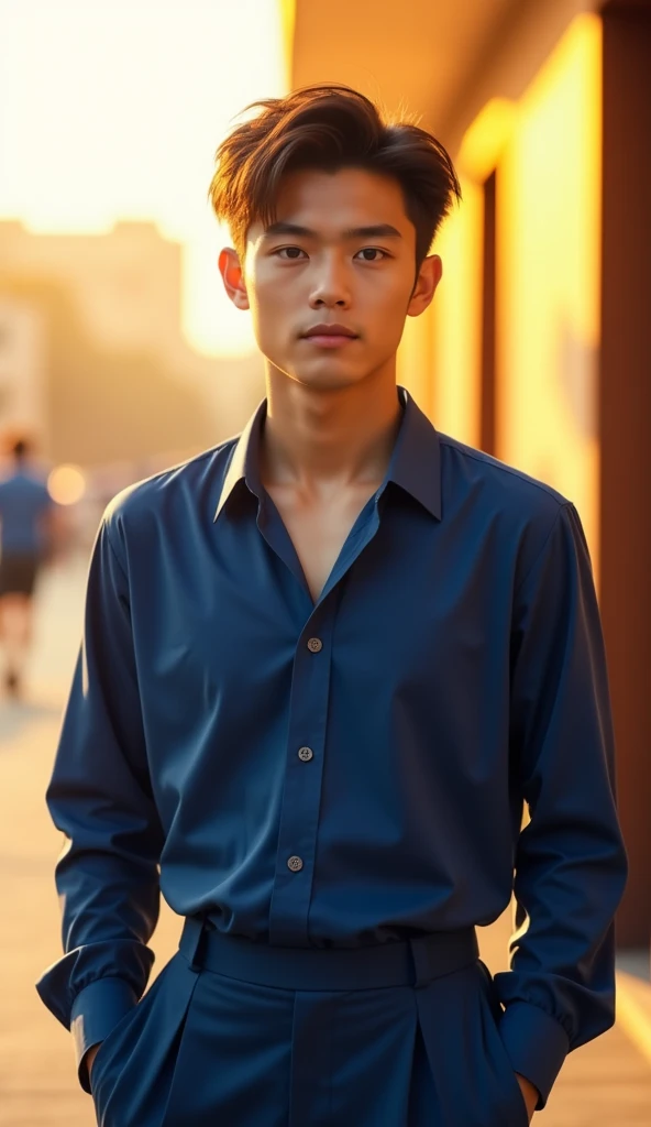 Masterpiece, Highest quality, realistic, A boy., adult man, Strongly built, The neck has a notch., the best, In the bustling city center at night