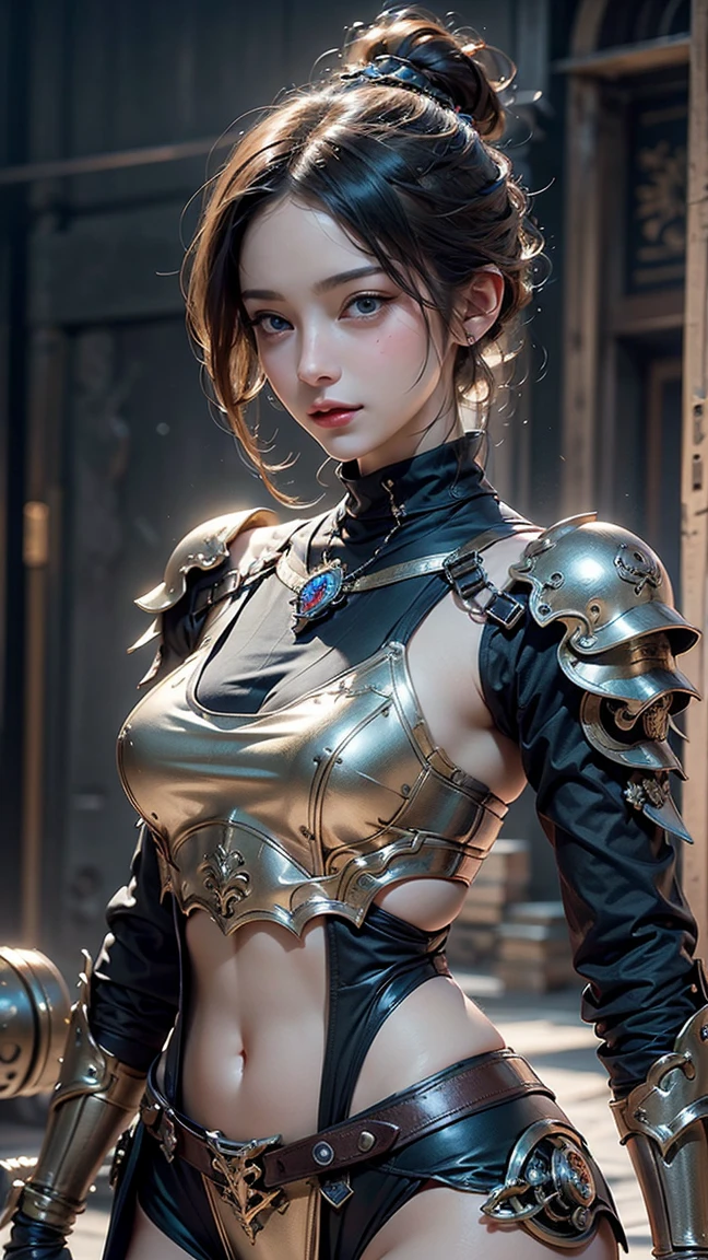 (1 Mechanical Girl)、top-quality、masterpiece、超A high resolution、(Photorealsitic:1.4)、Raw photo、女の子1人、Golden hair、glowy skin、(((1 Mechanical Girl)))、With a beautiful knife、(Please wear a mechanical helmet)、(beautiful forest background)、Precipitous cliffs、(Small LED)、((super realistic details))、portlate、globalillumination、Shadow、octan render、8K、ultrasharp、Colossal tits、Raw skin is exposed in cleavage、metals、Details of complex ornaments、Japan details、highly intricate detail、Realistic light、CGSoation Trends、Red Eyes、radiant eyeacing the camera、neon detailechanical limblood vessels connected to tubeechanical vertebrae attached to the back、mechanical cervical attaching to neck、(Wires and cables connecting to the head)、Gundam、Small LED、,Mechanical thighs、Toostock、