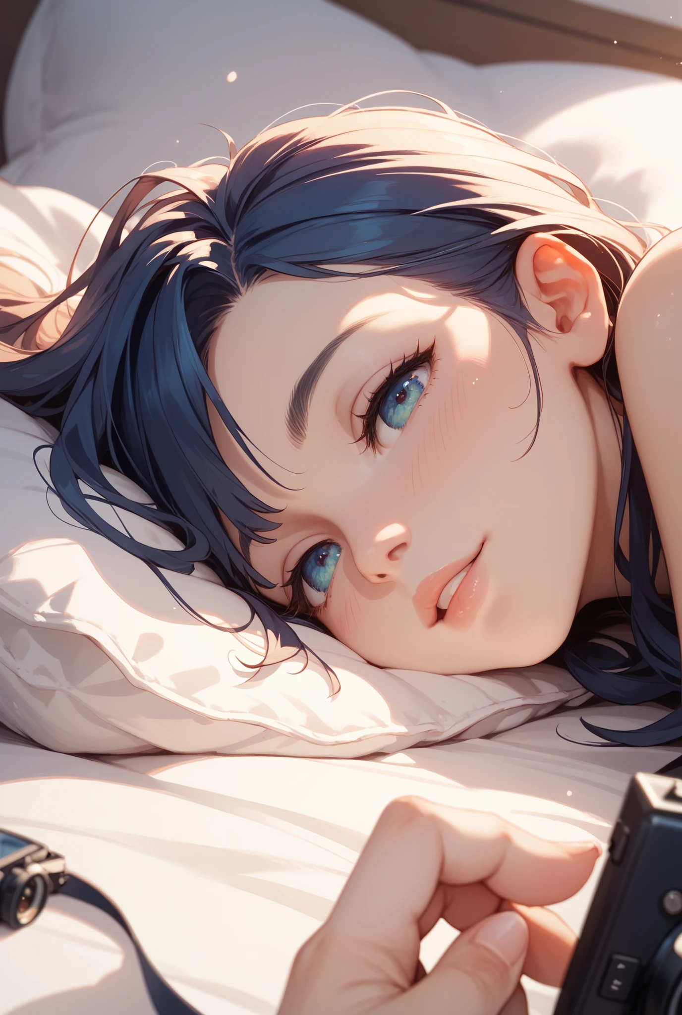 short hair, brown hair, yellow glowing eyes, perfect lips,sleepy look ,  ready to sleep, cute expression, cute face, laying in the bed,  pajama, pillow, tank top, babe doll , sleepyhead pose, ultra detailed face, long eyelashes, sharp eyes , Fullbody shot, dinamic viewer, night sky , dinamic point of view, diferents point of view, room, dinamic picture , laying in the bed