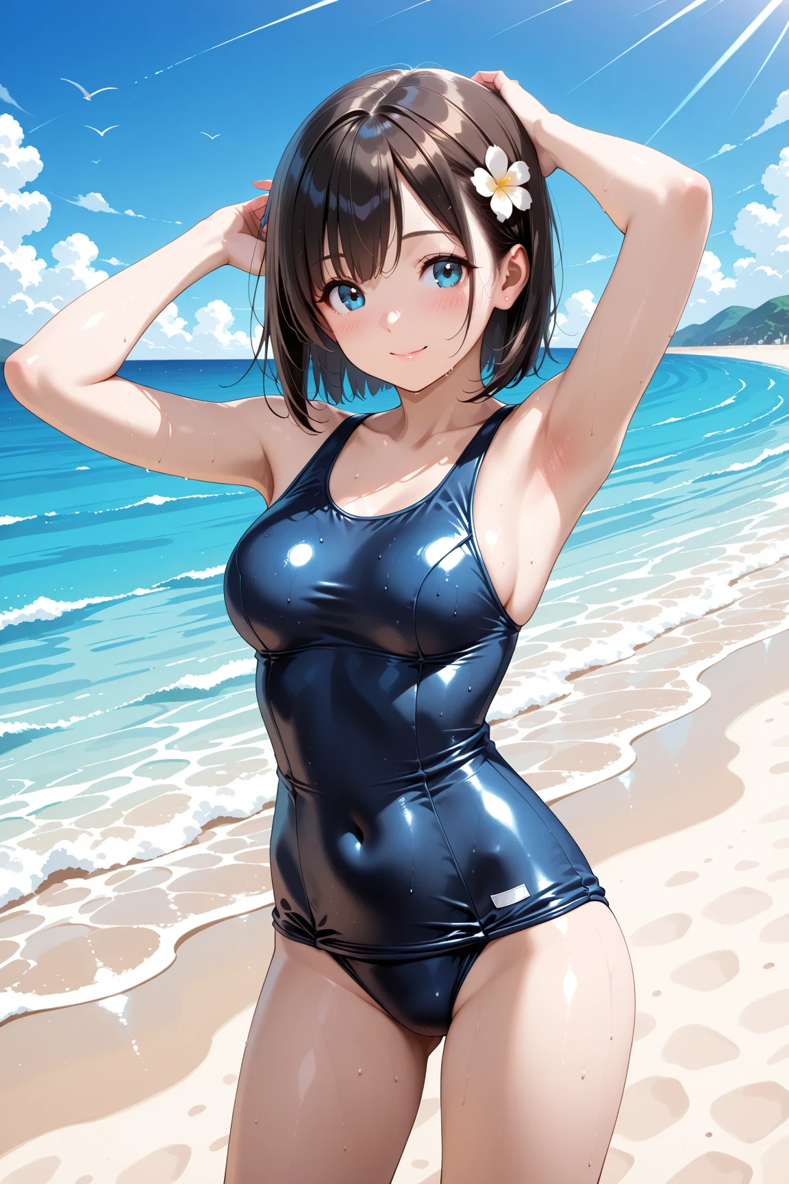 Highest quality, Very detailed,(((16 years old))), blue eyes, Black Hair, short hair, Blue hair ribbon, Blue headband,Small breasts, ((Tight and shiny swimsuit:1.2, Planking neckline, Belly button tapping, Cleavage)), girl's Raise the hand,(Raise the hand:1.5)、(Embarrassing)、(nsfw:1.2)
